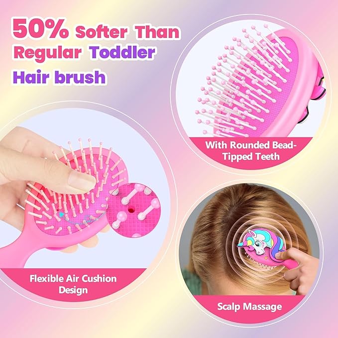 Toddler Hair Brush for Toddler Girls & Kids Ages 2-4+, Purple Mini Unicorn Hairbrush, Gentle Detangling brush, Wet & Dry Hair, Ball-Tip Bristles for Sensitive Scalp, Travel Hairbrush