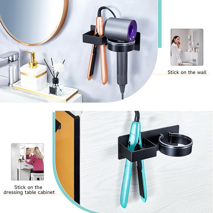 Blow Dryer Holder Wall Mounted, Hair Straightener Holder, Hair Dryer Holder Adhesive, Hair Tool Organizer for Flat Iron, Hairdryer, Curling Iron Holder for Bathroom Vanity Barber Shop (Black)