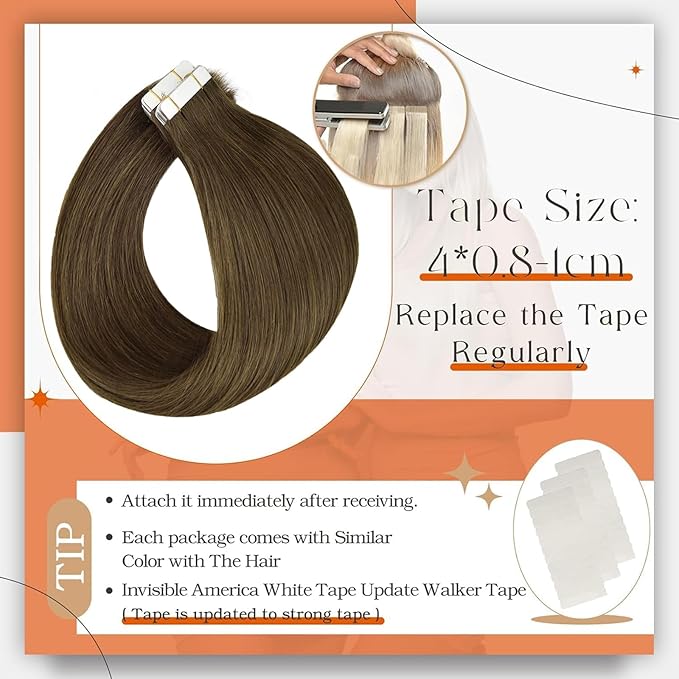 Full Shine Remy Human Tape in Hair Extensions Color 3 Brown Tape Hair Extensions Real Human Hair Tape in 24Inch Long Straight Skin Weft 100G 40Pcs Brazilian Extension for Party