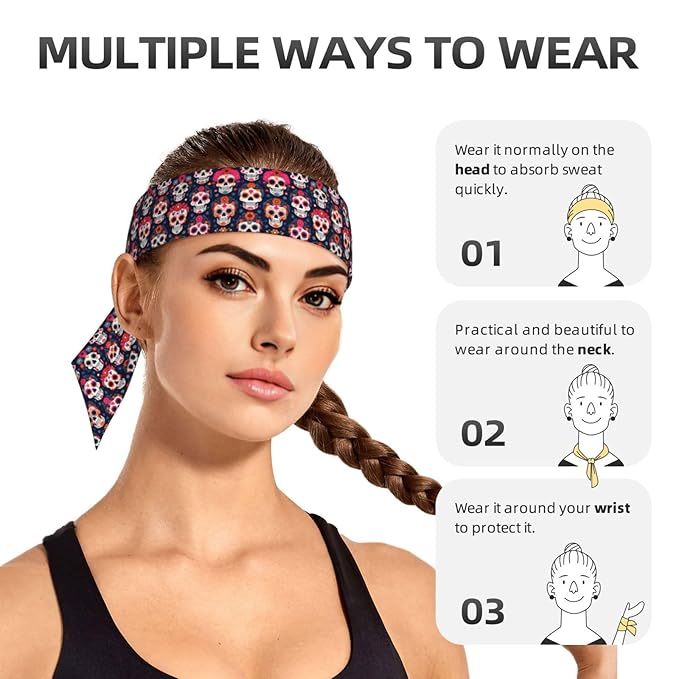 Men's Women Lovely Sports Sweat Band Hair Decor for Sports Workout Spa, Long Boho Style Day Dead Floral Rose Sugar Skull Head Ribbon Headwear