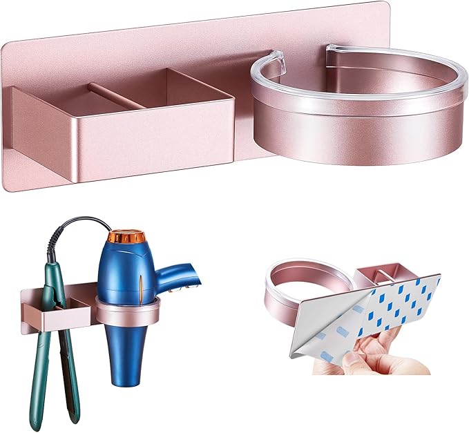 Blow Dryer Holder Wall Mounted, Hair Straightener Holder, Hair Dryer Holder Adhesive, Hair Tool Organizer for Flat Iron, Hairdryer, Curling Iron Holder for Bathroom Vanity Barber Shop (Rose Gold)