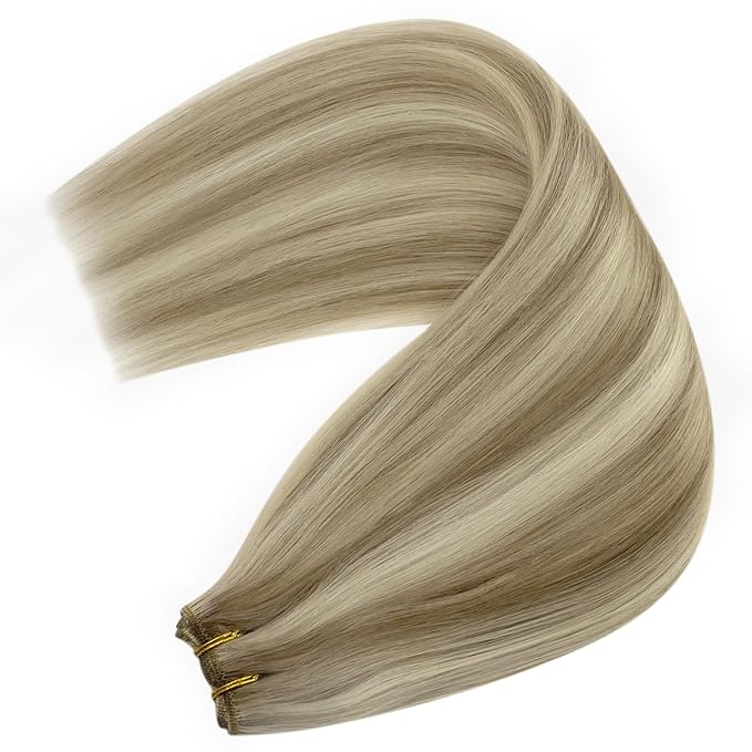 YoungSee Human Hair Sew in Extensions Highlight Straight Hair Extensions Weft Light Brown with Blonde Highlight Sew in Hair Extensions Real Human Hair for Women 18In 100G