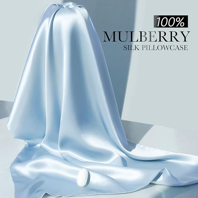 100% Mulberry Silk Pillowcase for Hair and Skin, 22 Momme Pure Natural Silk Pillow Case Both Sided with Zipper, Pillow Cover for Women Mom Men (Light Blue, Standard 20''×26'', 1 Pack)