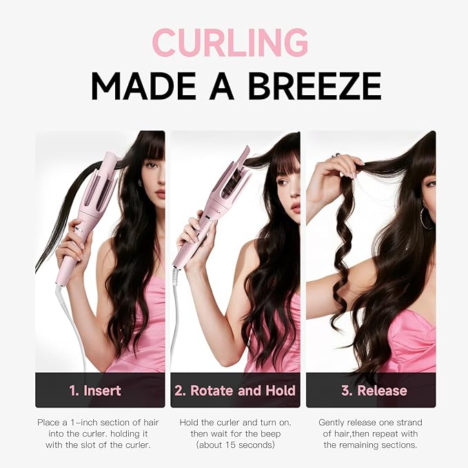 3 in 1 Automatic Curling Iron, Hair Curlers with 3 Curling Barrels (1" - 1.25" - 1.5"), Rotating Curling Iron with 3 Temp, 2-Way Rotation, 10S Fast Heating, Anti-Scald, Dual Voltage, Pink
