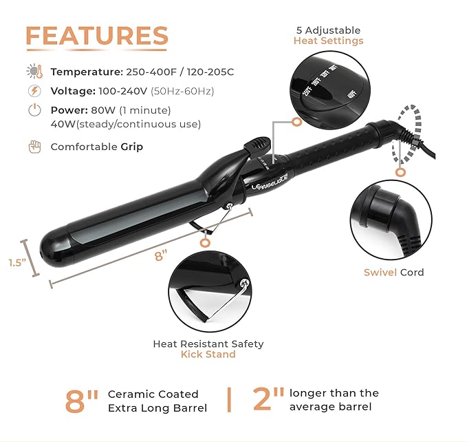 Le Angelique 1.5 Inch Curling Iron with Clip - Professional 8" Extra Large Barrel for Big Long Hair | 1 1/2" 38mm Jumbo Wide Thick Ceramic Curler Wand | Adjustable Temperature | Dual Voltage