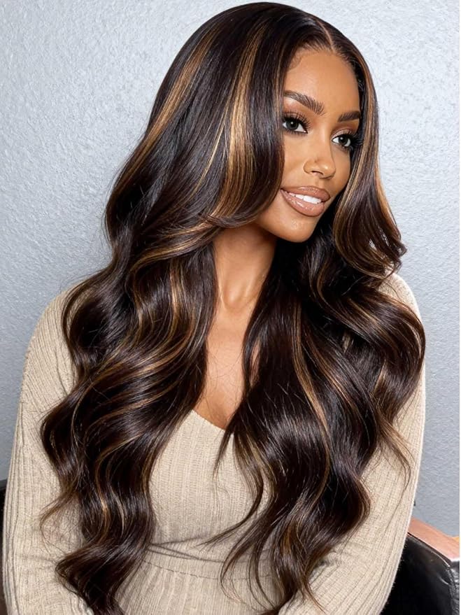 YIROO V Part Wig Human Hair Highlight Chestnut Brown Ombre Body Wave Human Hair Wig No Leave Out 12A Glueless Upgrade U Part Wigs Clip in Half Wig No Glue No Sew Beginner Friendly 150% Density 16inch