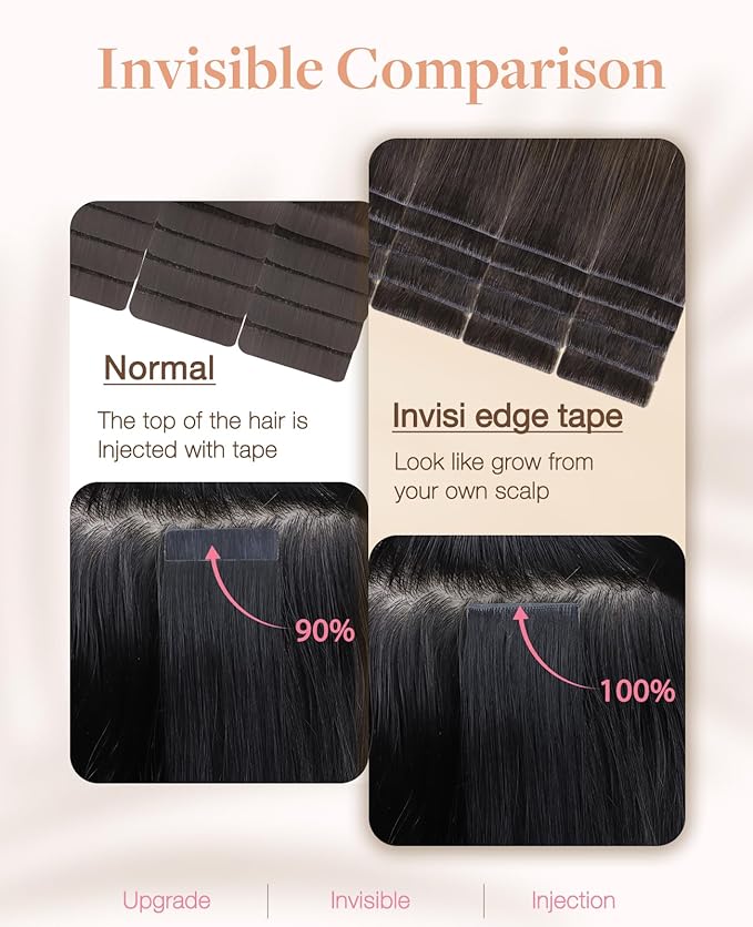 GOO GOO Invisi Edge Tape in Hair Extensions Human Hair, 1D/2C/4E Chocolate Dip Color Melt, 6pcs 16inch 15g, Virgin Remy Hair, Seamless Injected Tape, Natural Look