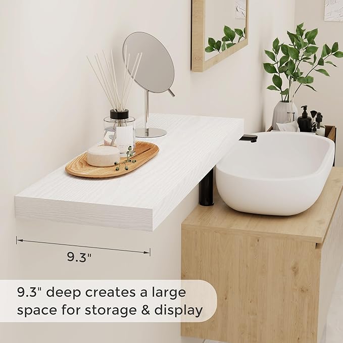 Fun Memories White Floating Shelves 32 Inch Long, 9 Inch Deep Floating Bookshelf Wall Mounted, Farmhouse Wood Shelves White for Bathroom, Living Room, Bedroom, Home Decor Deep Shelf for Wall Set of 2