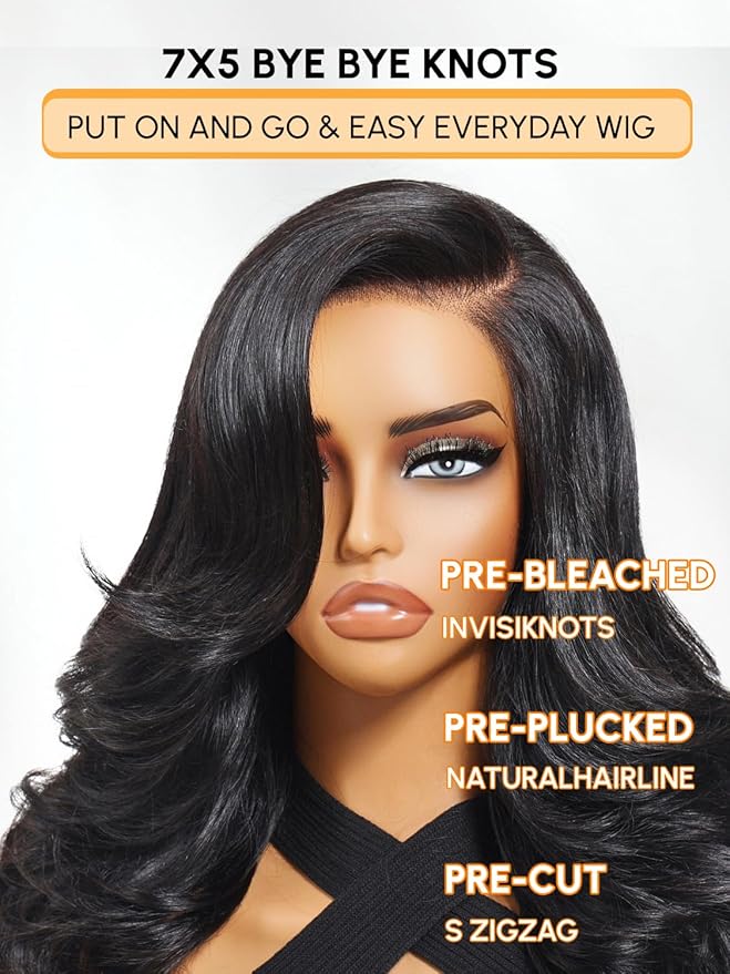 Julia Hair Bye Bye Slip Wig Feathered Layer Side Part Human Hair Wig 200% Density 7X5 Pre Cut Lace Closure Loose Body Wave Wigs Pre Everything Glueless with Secure Silicone Strips Drawstring 22 Inch