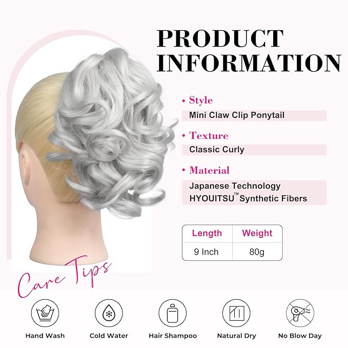 REECHO 9" Short Ponytail Extension, Classic Loose Curly Wavy Claw Clip Pony tails Hair Extensions HP001 Hairpieces for Women (Silver)