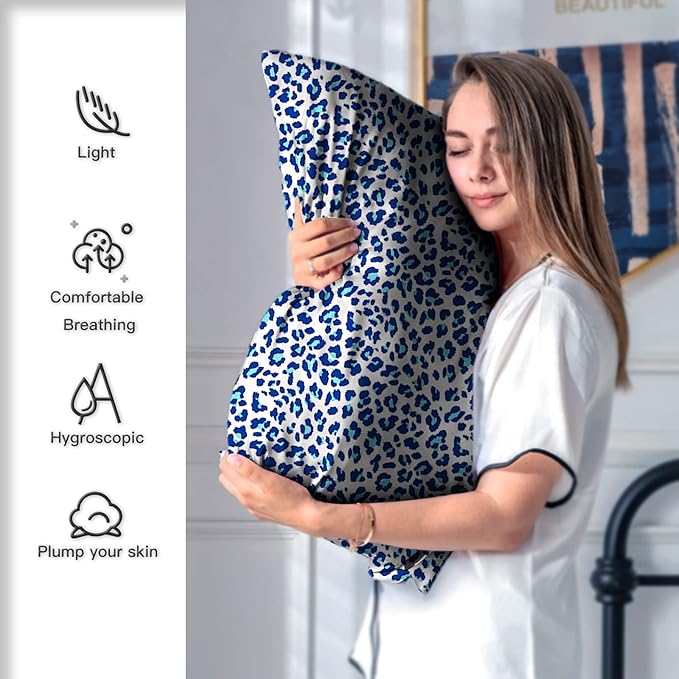 Mulberry Silk Pillowcase for Hair and Skin Queen Size Leopard Print Silk Pillow Cases with Zipper Soft Breathable Smooth Cooling Silk Pillow Covers for Sleeping (Blue Leopard,20"X 30",1Pcs)