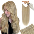 YoungSee Invisible Wire Hair Extensions Blonde Highlight Wire Hair Extensions Real Human Hair Golden Blonde Highlights Light Blond Human Hair Fish Line Extensions for Women 14In 80G
