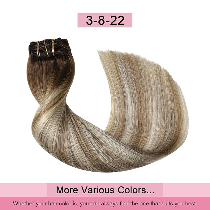 Pro2.0 Clip in Hair Extensions Real Human Hair 22inch 7pcs #3/8/22 Walnut Brown to Ash Brown and Golden Blonde Real Hair Extensions Clip in Human Hair 120g（#3/8/22-22inch）