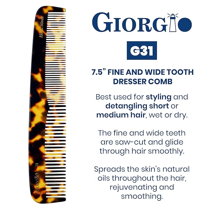 Giorgio G31 Fine Tooth Comb and Wide Tooth Hair Comb, Hair Styling Comb for Men, Grooming Hair Combs for Women, Mens Beard Care Combs for Detangling and Styling, Handmade Saw-Cut and Hand Polished