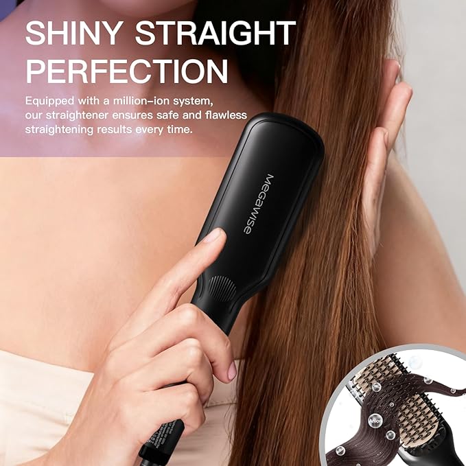MEGAWISE Pro Ceramic Ionic Hair Straightener Brush for Home Salon | MCH Fast 20s Heating Tech with Auto-Off Safety | Anti-Scald with Universal Dual Voltage | Rotatable Power Cord (Black)