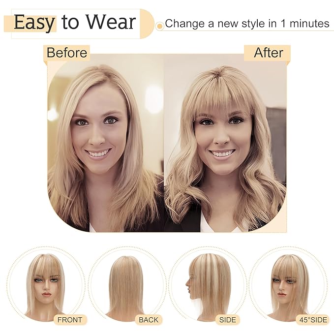 SEGO Hair Toppers for Women Real Human Hair With Bangs, 7 * 13CM Silk Base 100% Remy Human Hair Clip in Top Wiglet Hairpieces Add Volume -6 Inch Golden Brown&Bleach Blonde
