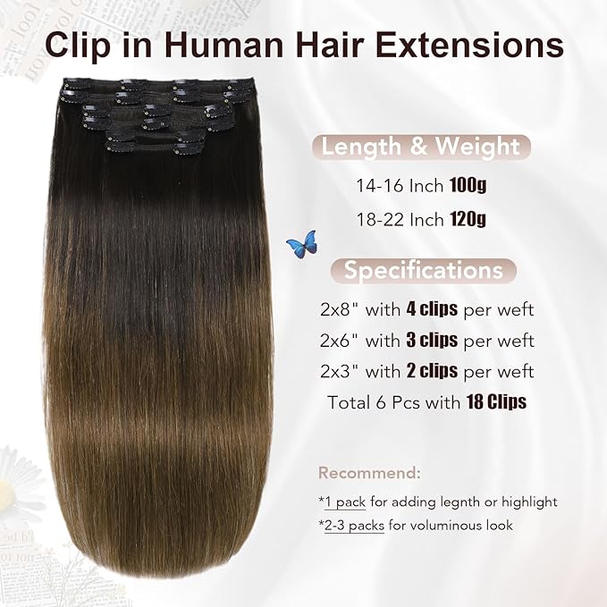 XDhair Clip in Hair Extensions Real Human Hair 100g 6Pcs Ombre Color Natural Black to Medium Brown Clip in Hair Extensions Natural Soft(#1BT4, 14 inch)