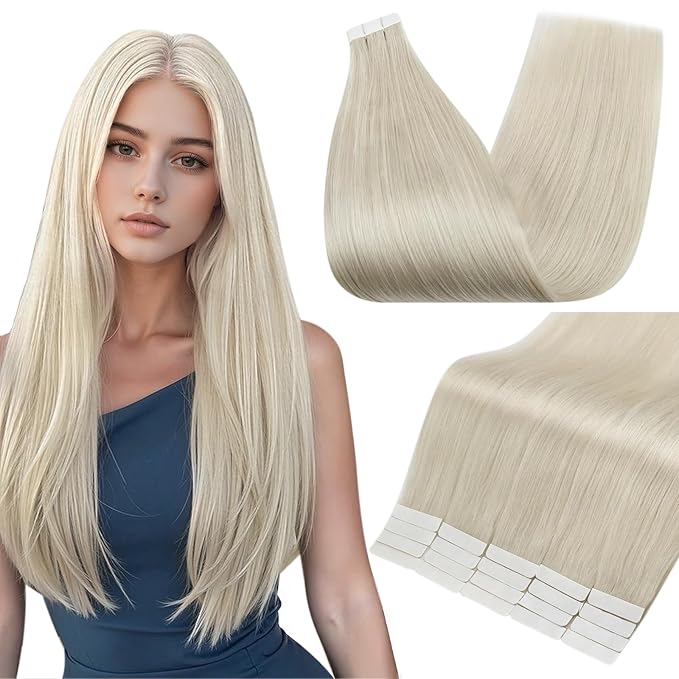 Full Shine Tape in Hair Extensions Human Hair Color 1000A Blonde 18 Inch Natural Invisible Double Sided Remy Hair Extensions Tape in 50 Grams Straight Seamless Skin Weft Extensions 20PCS for Women