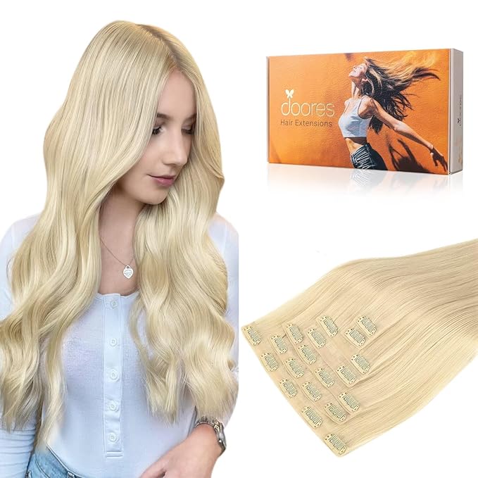 DOORES Clip-in Real Human Hair Extensions, Bleach Blonde 22 Inch 7pcs 110g, Invisi Edge Seamless Clip-ins, Remy Straight Natural Long Hair