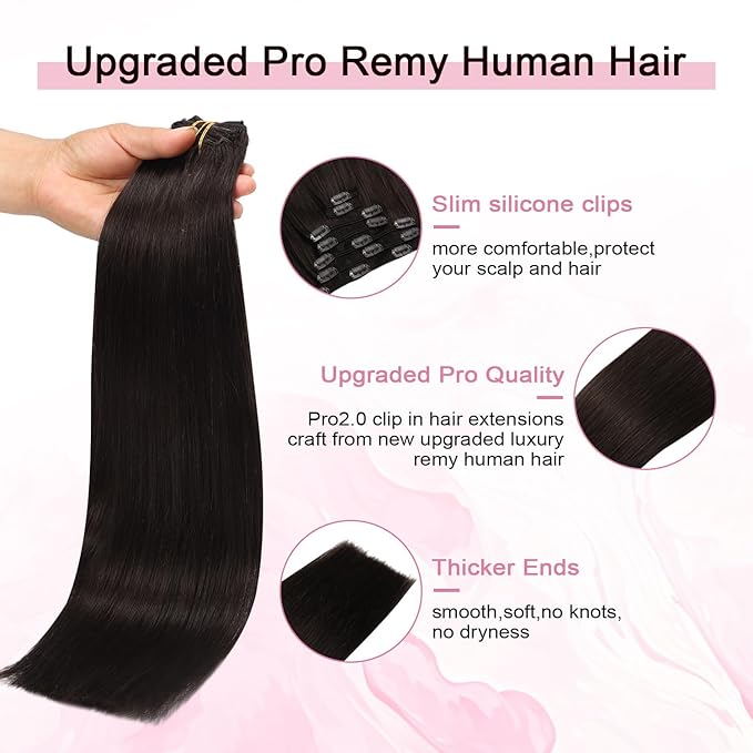 Pro2.0 Clip in Hair Extensions Real Human Hair 20inch 7pcs Color #2 Dark Brown Remy Real Human Hair Extensions Clip ins 120g Thick Seamless Double Weft for Women（#2-20inch）
