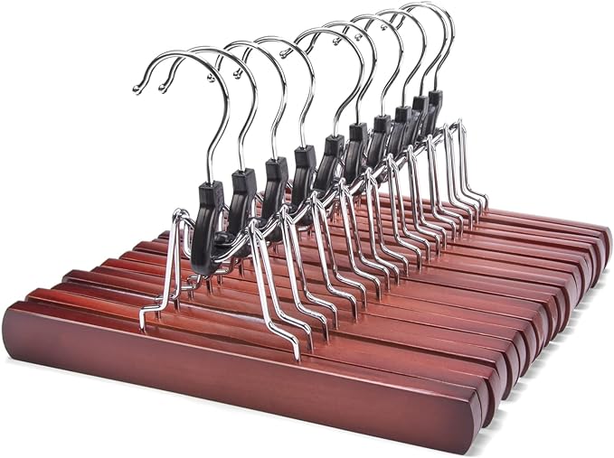 Nature Smile Wooden Pants Skirt Hangers, Smooth Finish Solid Wood Non Slip Jeans Slack Clamp Hangers Hair Extension Hangers (10 Pack Cherry)…