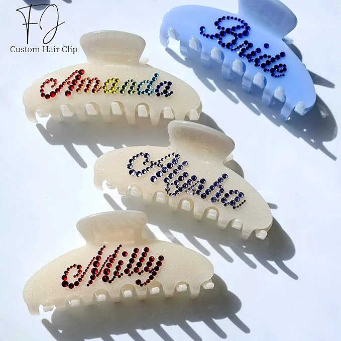 Personalized Colorful Name Hair Claw Clips for Women,Custom Hair Clips with Diamond,Cute Hair Accessories 4",Handmade Rhinestones Hair Clamp Gifts for Mom,Bride,Wife,Bridesmaid（Jelly White Glitter）