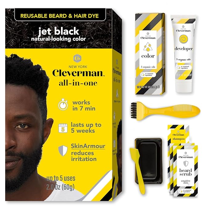 Reusable Hair & Beard Dye System for Men – Up to 5 Uses | 7-Minute Natural-Looking Gray Coverage | No-Drip Cream with SkinArmour® – Cleverman (Jet Black for Black Men)
