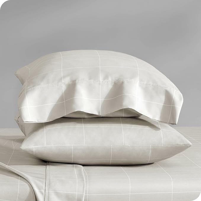 Bare Home Microfiber Pillow Cases - Standard/Queen Size Set of 2 - Cooling Pillowcases - Double Brushed - Pillowcases 2 Pack - Easy Care (Standard, Grid – Stone/White)