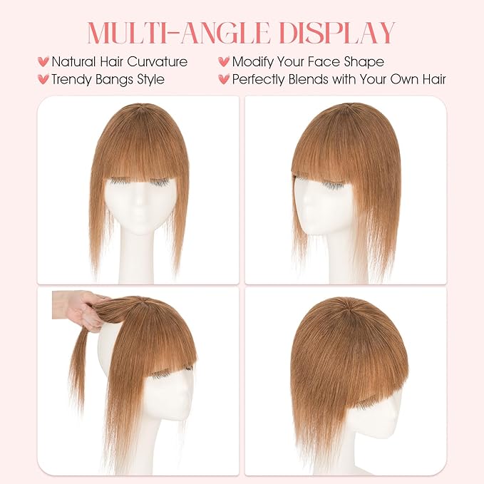 Hairro Mono Hair Toppers with Bangs, 3.4" x 3.4" Mono Base 100% Real Human Hairpieces for Women, 150% Density Clips In Topper for Greyish Thinning Hair, 12 Inch Blondish Brown