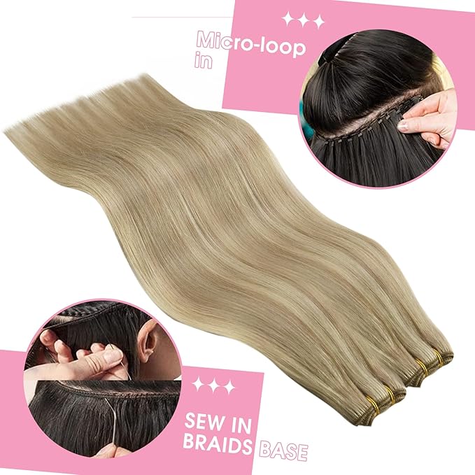 YoungSee Sew in Hair Extensions Real Human Hair Highlight Hair Weft Extensions Dark Ash Blonde Highlighted Light Blonde Soft Human Hair Extensions Sew in for Women 20In 100G