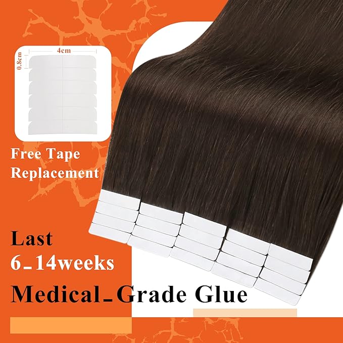 Full Shine Tape in Hair Extensions Human Hair Color Dark Brown Tape Hair Extensions Real Human Hair 14Inch Skin Weft Tape in Extensions 20pcs 50Gram Silky Straight Hair Extensions Tape in
