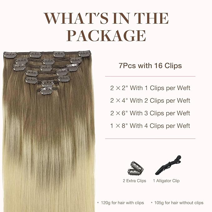 GOO GOO Clip in Hair Extensions Real Human Hair, Remy Human Hair Extensions Clip ins for Women, Natural Human Hair, 20inch 120g 7Pcs, 9/60 Balayage Ash Brown to Platinum Blonde