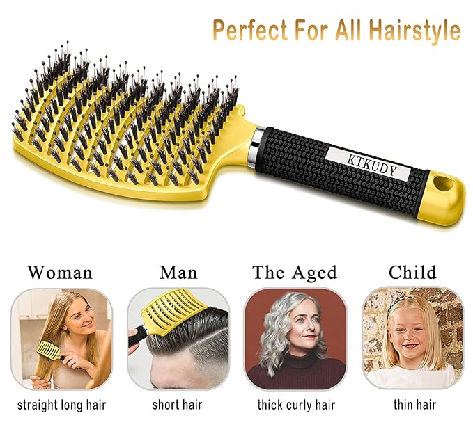 KTKUDY Detangling Brush Boar Bristles Hairbrush Make Hair Shiny & Healthier Curved and Vented Detangler Brush for Women Men Kids Wet and Dry Hair (Yellow)