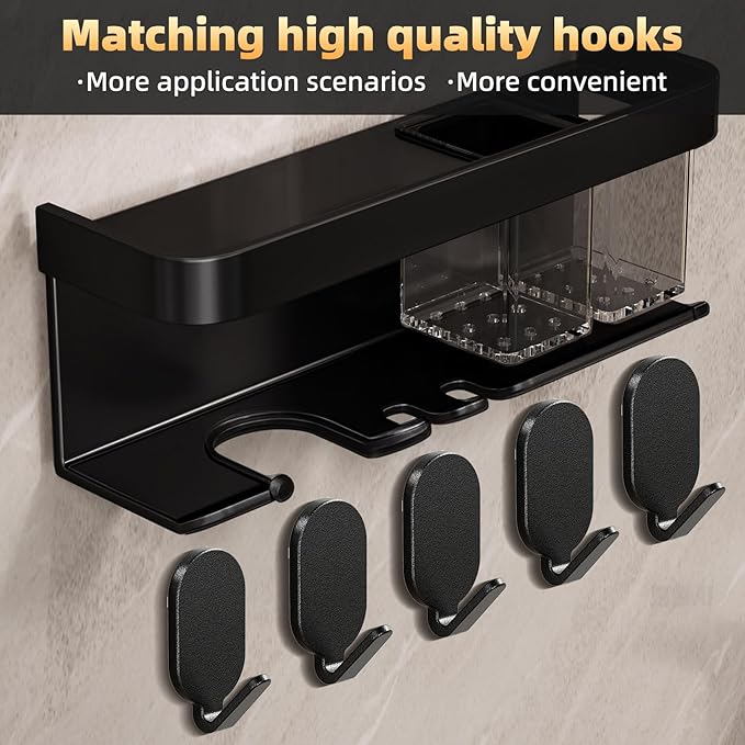 Wall-Mounted Hair Dryer Holder, Blow Dryer Holder, Space-Saving Bathroom, Bedroom Organizer Hair Dryer Stand for Home, Dorm, Salon Includes 5 PCS Carbon Steel Hooks (Black)