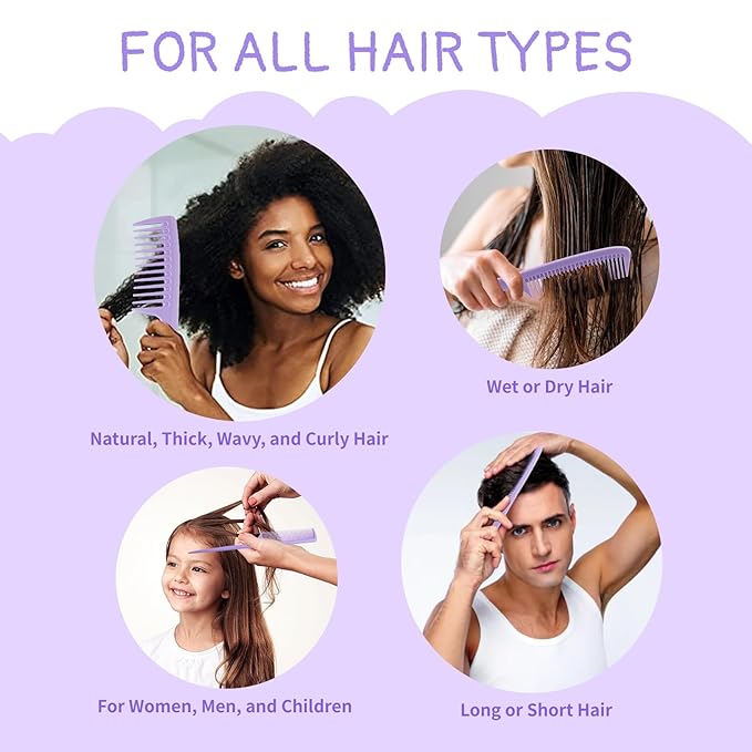 Hair Comb 3-in-1 Plastic Hair Comb Set For Women, Men - Wide Tooth, Rat Tail, and Regular Tooth Detangling Hair Combs for All Hair Types-Purple