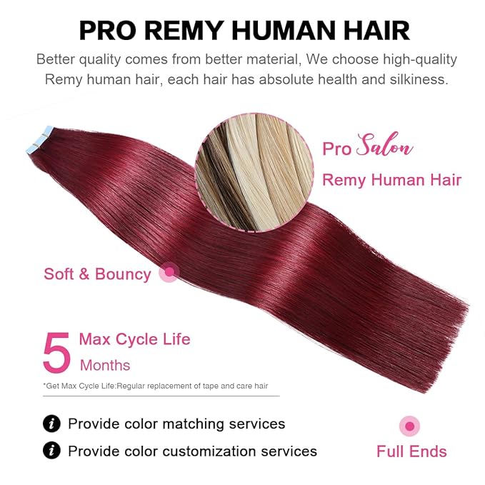SUYYA Tape in Hair Extensions Human Hair Wine Red Color 100% Remy Human Hair 50g/pack 20pcs Straight Seamless Skin Weft Tape Hair Extensions 99j (22 inches #Burgundy)