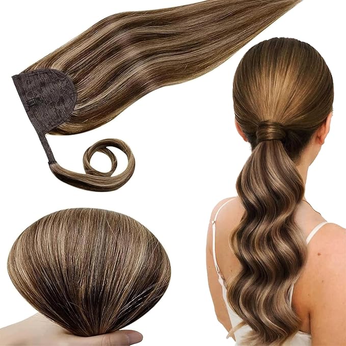 RUNATURE Ponytail Extension Real Human Hair, Wrap Around Human Hair Ponytail for Women, Natural Blends Magic Paste Ponytail for Daily Wearing, 14 Inch 70g #3P12 Walnut Brown Highlight Honey Blonde