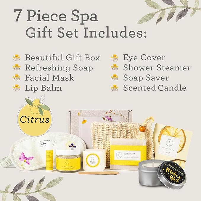 Lizush Luxury Spa Gifts for Women – 7 Piece Citrus Spa Gift Set with Candle, Gift Baskets for Women, Body Care Set for Mom, Birthday Box, Relaxation & Self Care Spa Kit for Wife – Handmade in the USA