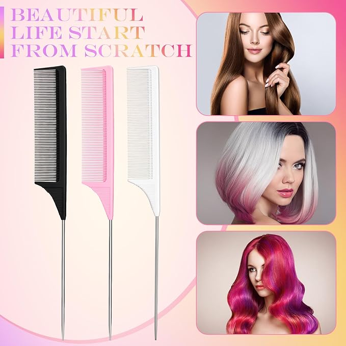 Leinuosen 3 Packs Rat Tail Comb Steel Pin Rat Tail Carbon Fiber Heat Resistant Teasing Combs with Stainless Steel Pintail (Black, Pink, White)
