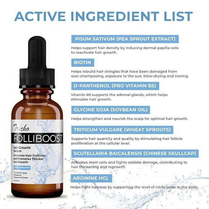 Tricho Labs Folliboost Hair Growth Serum - Natural-Based Formula w/Biotin & Peppermint Oil - Hair Care for Thicker & Fuller Hair - 2oz, 3-Pack