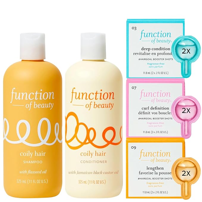 Function of Beauty Coily Hair Set with Shampoo, Conditioner & Add-In Booster Treatment - Curl Definition, Lengthen & Deep Condition Booster Shot to Enhance Shampoo, Conditioners & Hair Care Products
