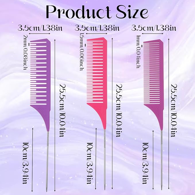 3Pcs Highlighting Comb Professional Hair Dye Combs 3 Sizes Highlight Comb Weaving Combs with Long Stainless Steel Rat Tail for Home and Salon(Purple, Magenta, Purple)