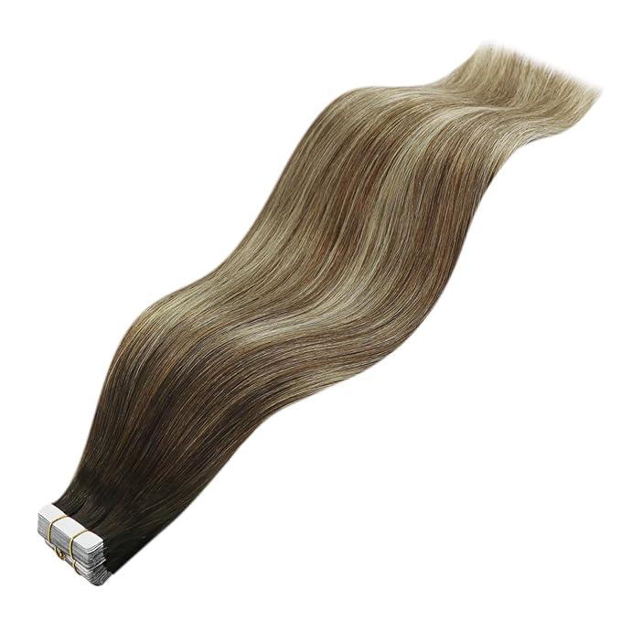 YoungSee Invisible Tape in Hair Extensions Balayage Human Hair Tape in Extensions Ombre Seamless Tape-in Extension Real Human Hair Brown Balayage with Blonde Human Hair Extension Tapein 24 Inch 20pcs