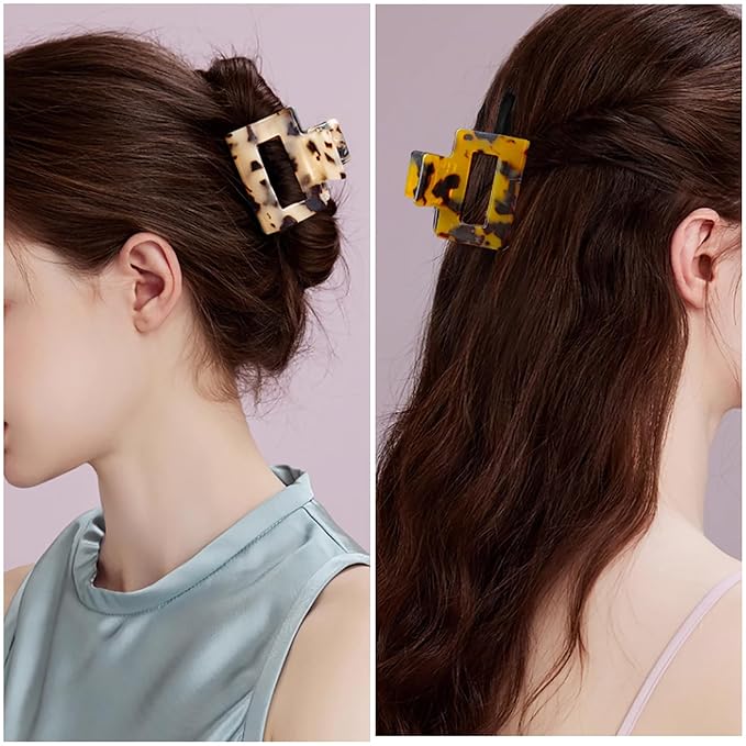 2Pcs Small Medium Hair Claw Clips for Women Tortoise Shell Rectangle Claw Hair Clips for Thin Fine Medium Thick Hair Non Slip