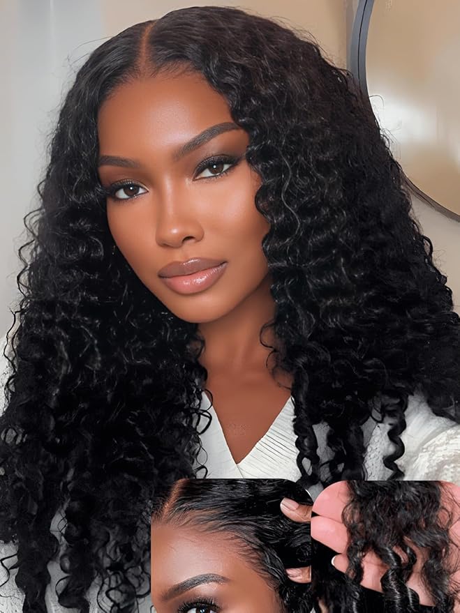 Julia Hair 7x5 Lace Water Curly Texture Wig With Finger Coil Ends Glueless Wigs Human Hair Put On and Go Invisible Lace Pre Plucked Pre Cut Bleached Knots Natural Hairline 26 Inch
