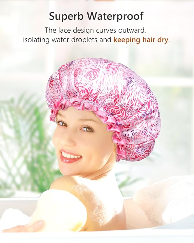 mikimini Medium Shower Cap for Women 2 Pack, Double Layer Waterproof, Reusable, Washable, Romantic Petal Design, Floral Print