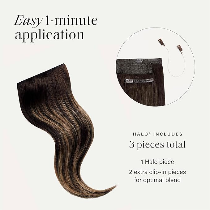 Luxy 100% Remy Human Hair – Halo Clip-In Hair Extensions –Natural Looking Volume & Length - One-Piece - Easy 5-Min Application 140 grams 16" Dark Brown Balayage