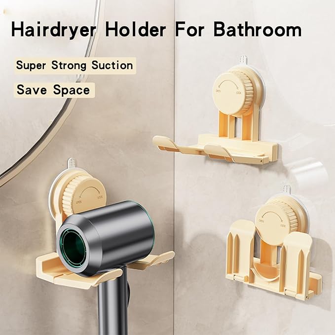 Universal Hair Dryer Holder,Blow Dryer Hanger Wall Mount for Hair Dryer Storage with Strong Suction Cup & Locking Latch + Plug&Cord Organizer,For Bathroom,Vanity,and Cabinet Door（Apricot）