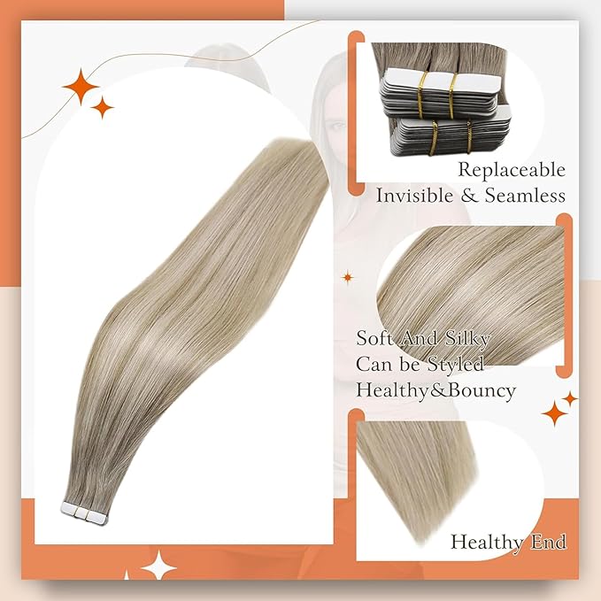 Full Shine Balayage Tape in Extensions Color 19/8/60 Tape in Hair Extensions Human Hair 22Inch Seamless Skin Weft Double Sided Adhesive Extension for Daily Office Look 40Pcs 100G