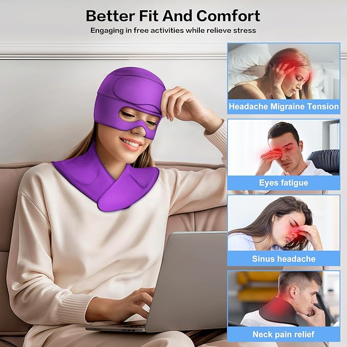 3 in 1 Migraine Relief Cap Neck Ice Pack Wrap Gel and Ice Eye Masks, Detachable Ice Caps with Eyes Masks, Hot and Cold Therapy for Relief of Headaches, Stiff Neck and Eye Fatigue (Purple)
